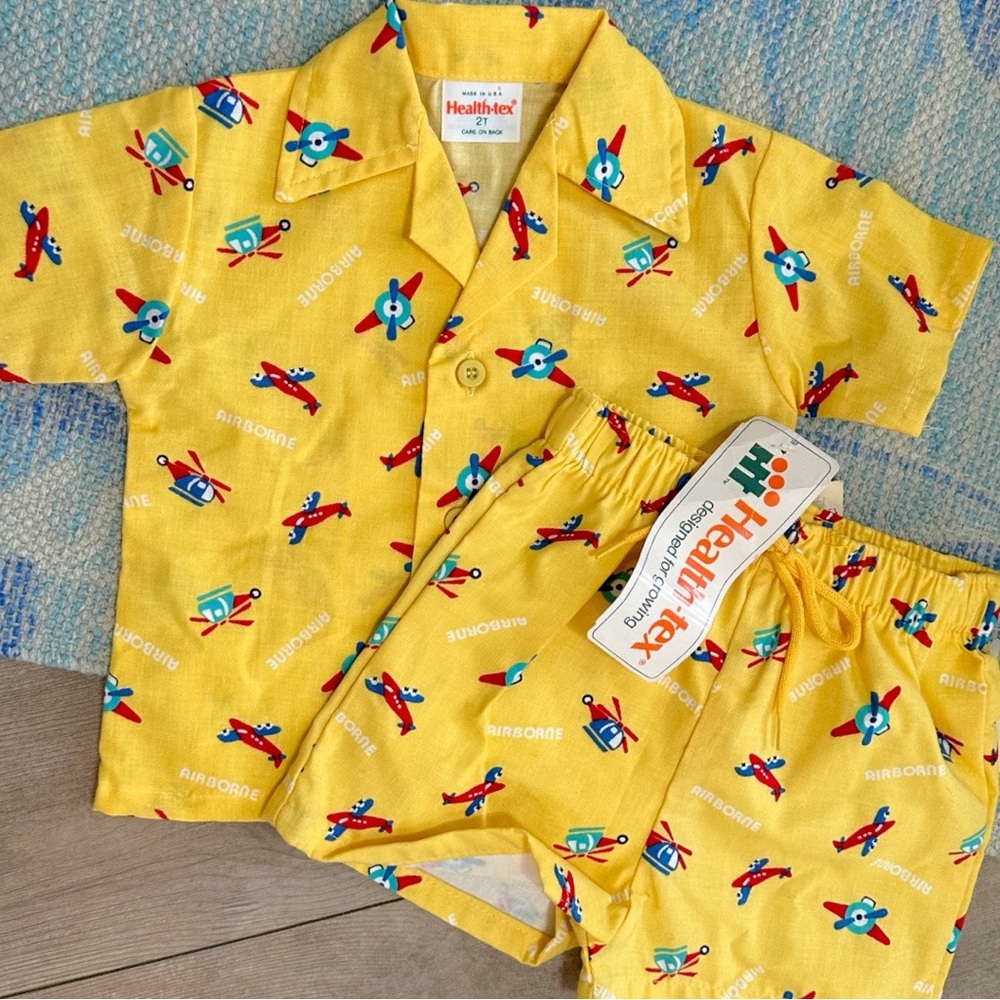 NEW Vintage Healthtex Toddler Yellow Airplane Outfit Set Button Down & Shorts - Picture 8 of 16